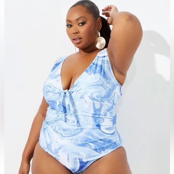 NWT Nicole Miller Women's Plus Size One Piece Swimsuit Blue Tropic Swirl - Picture 3 of 7